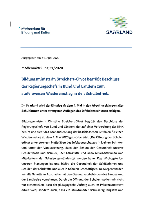 2020 04 16 Bildungsministerium PM31 KMK Schulöffnung1