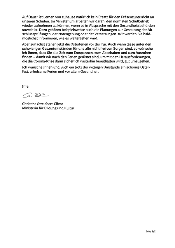 Brief Ministerin vom 09.04.20 an Eltern Seite2