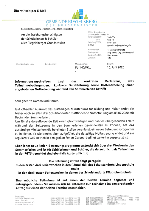 Informationsanschreiben Notbetreuung in den Sommerferien 1